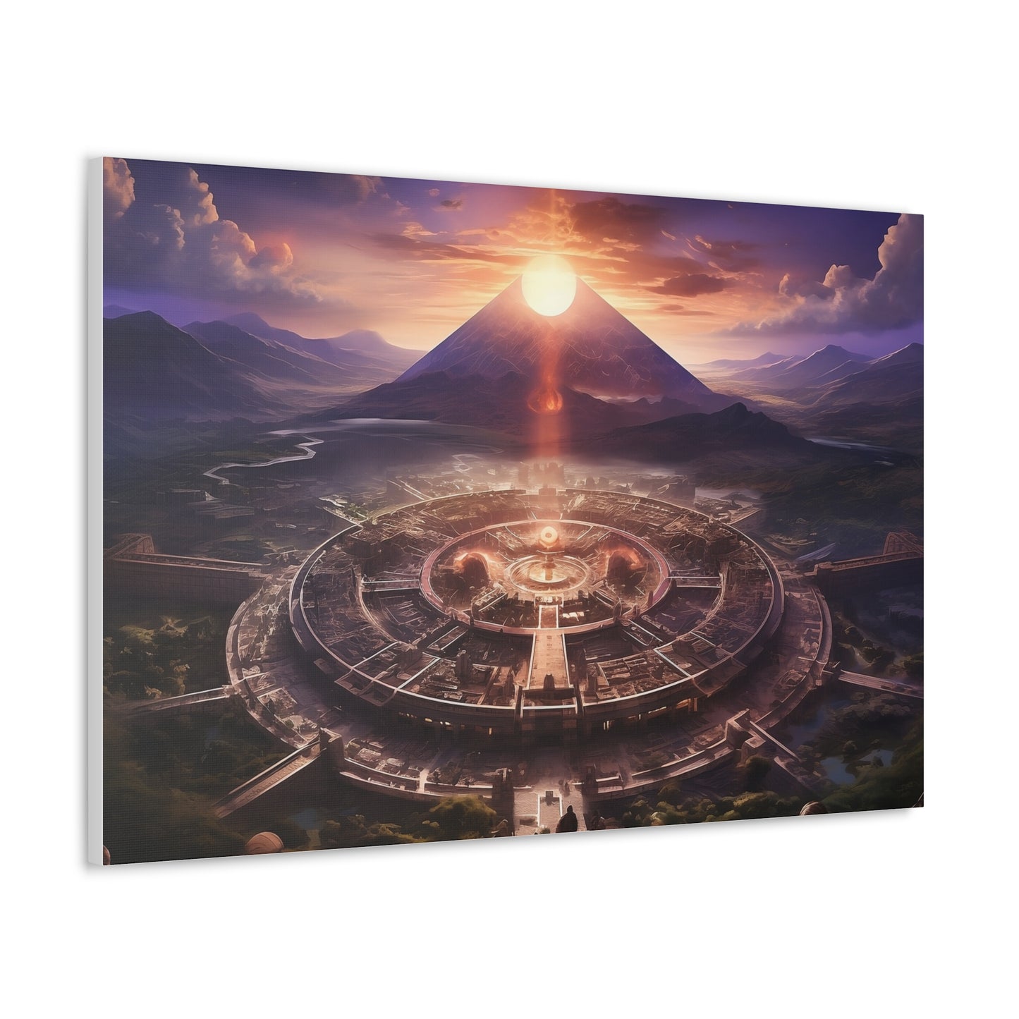 Ancient Mayan Temple With Mountain and Sunset Canvas Spiritual Decor