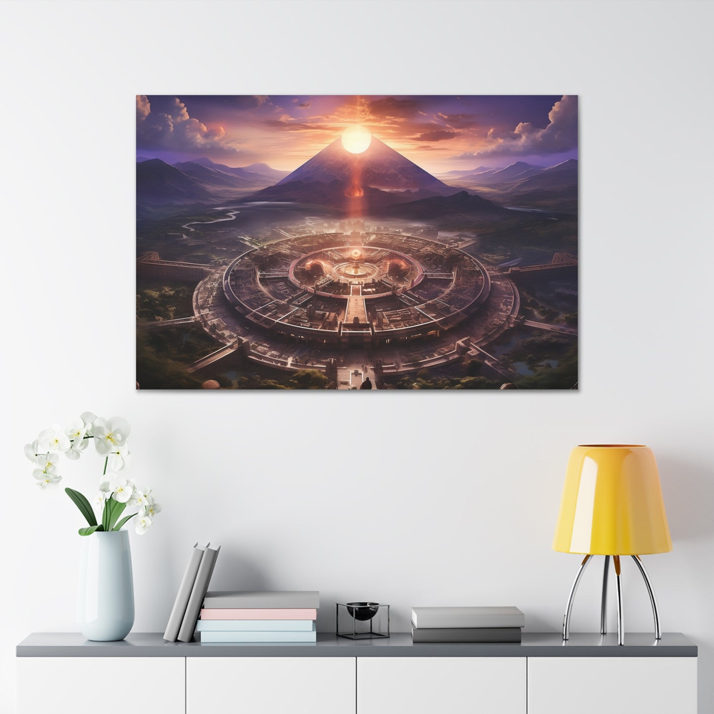 Ancient Mayan Temple With Mountain and Sunset Canvas Spiritual Decor