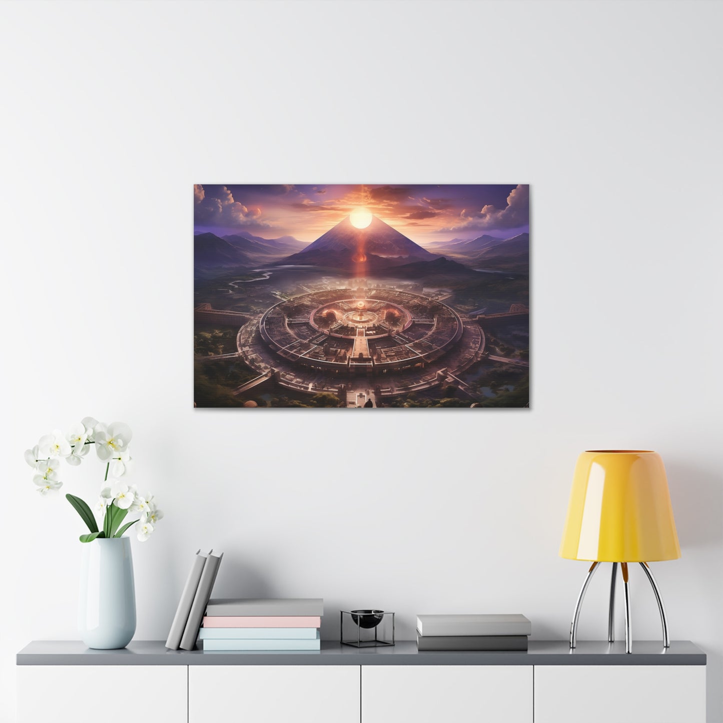 Ancient Mayan Temple With Mountain and Sunset Canvas Spiritual Decor