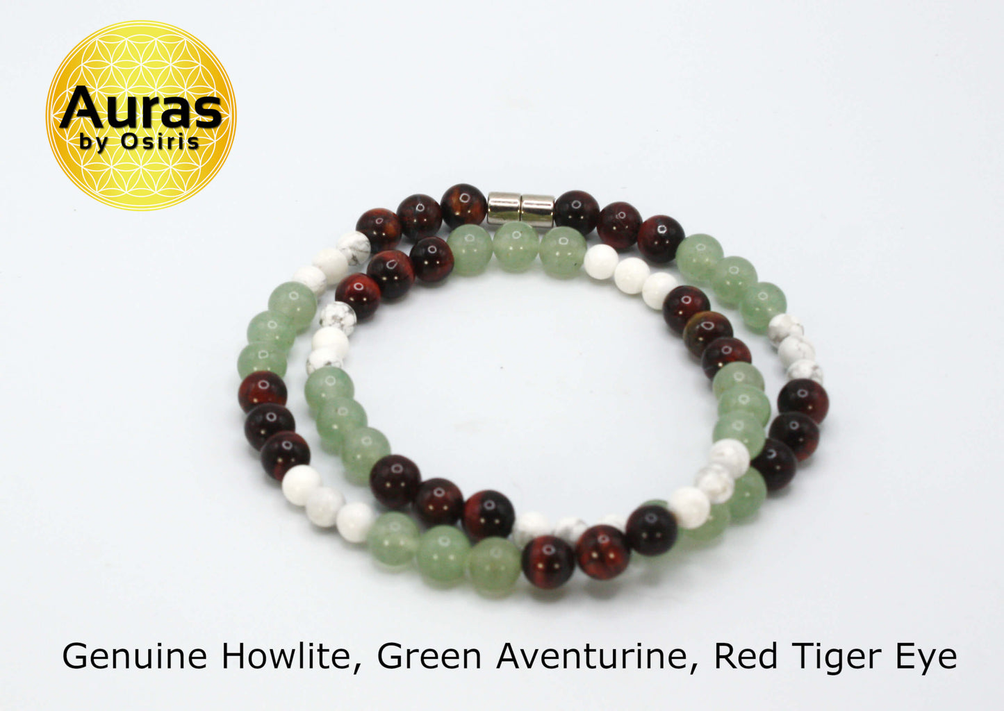 Genuine Howlite, Green Adventurine, Red Tiger Eye Necklace - For Men/Women - 6mm & 8mm Beads - Mexico Necklace