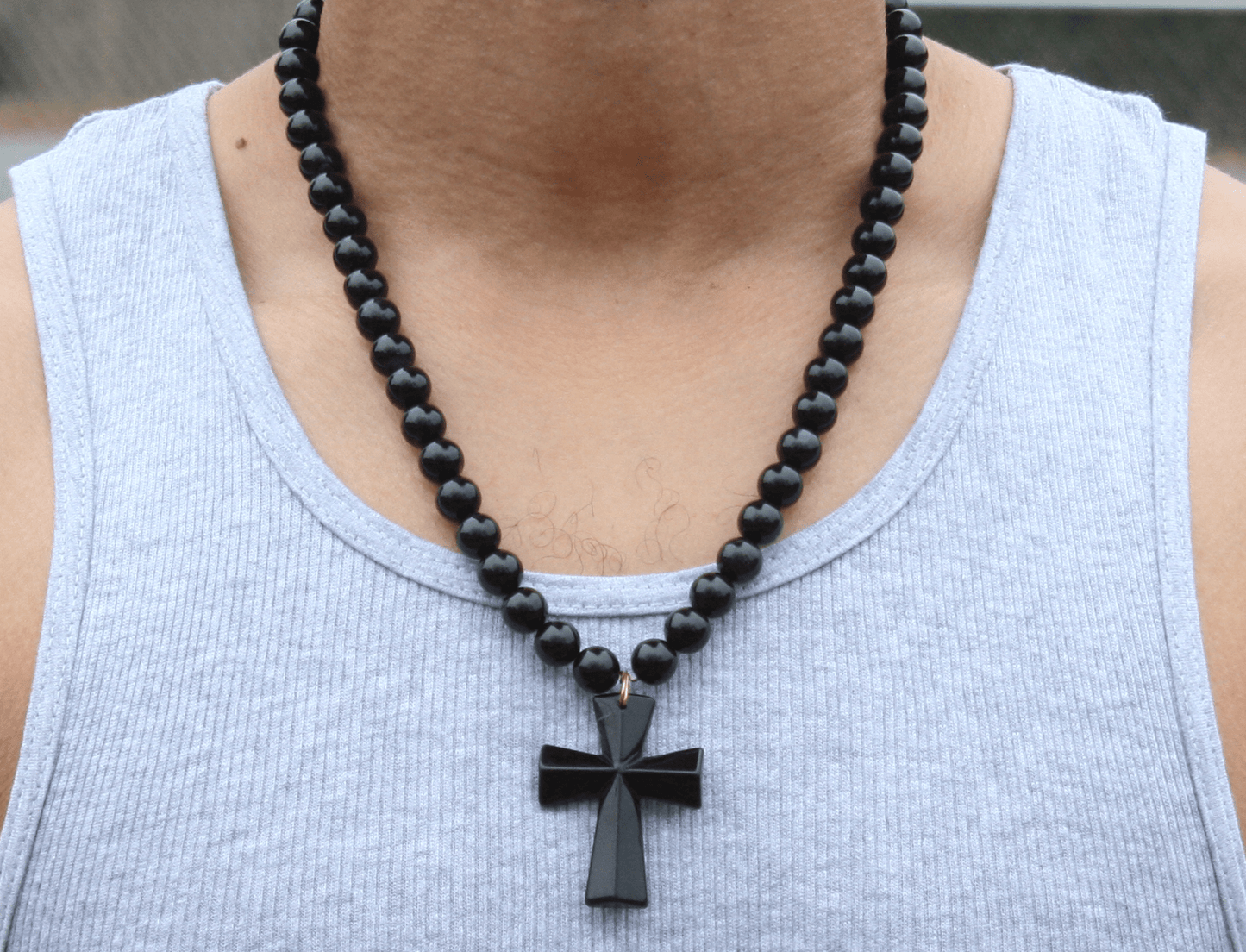 Genuine Black Onyx Cross Necklace | Handmade Spiritual Jewelry for Men & Women | Religious Protection Necklace Gift