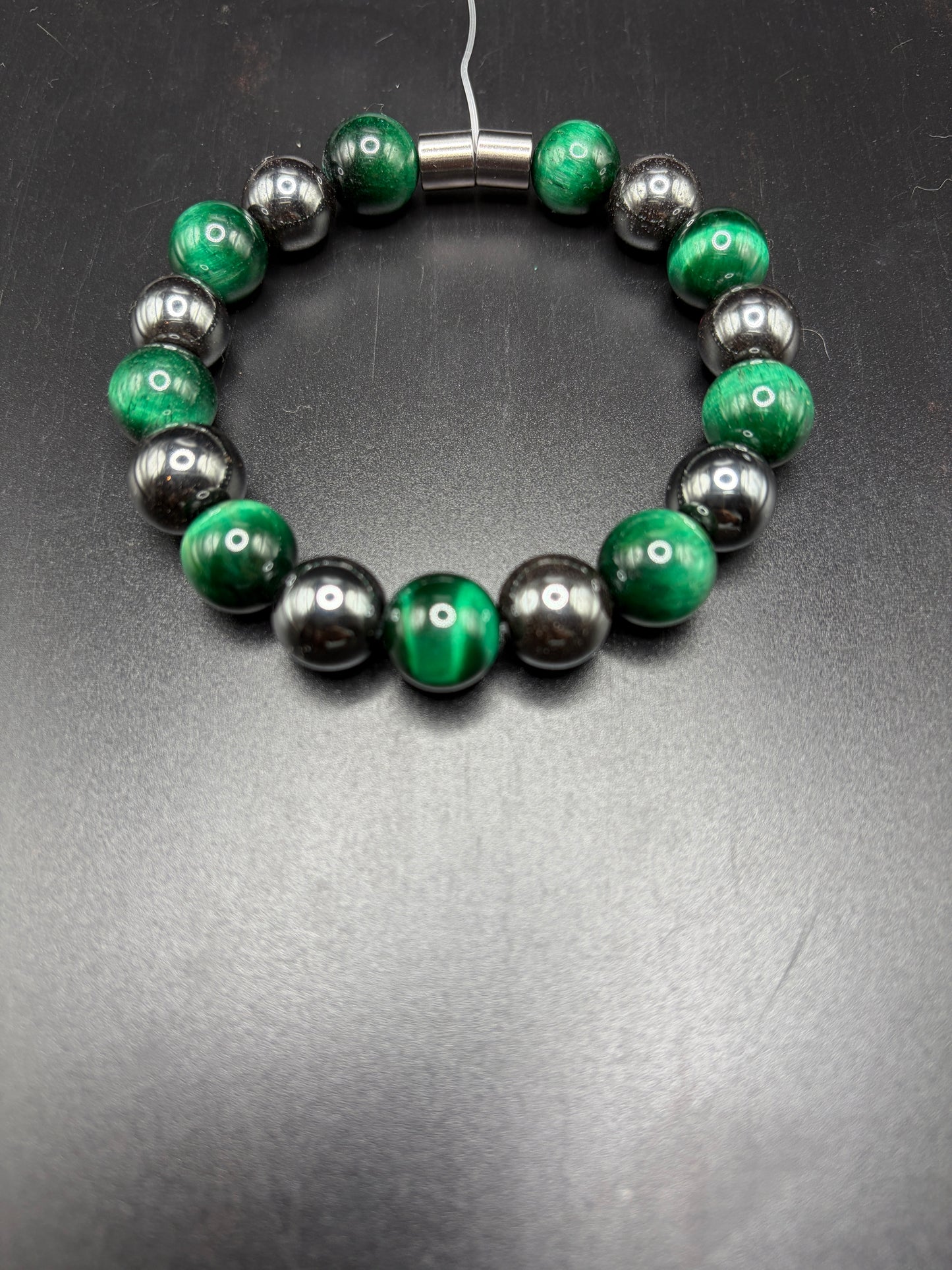 12mm Hematite & Green Tiger Eye Bracelet