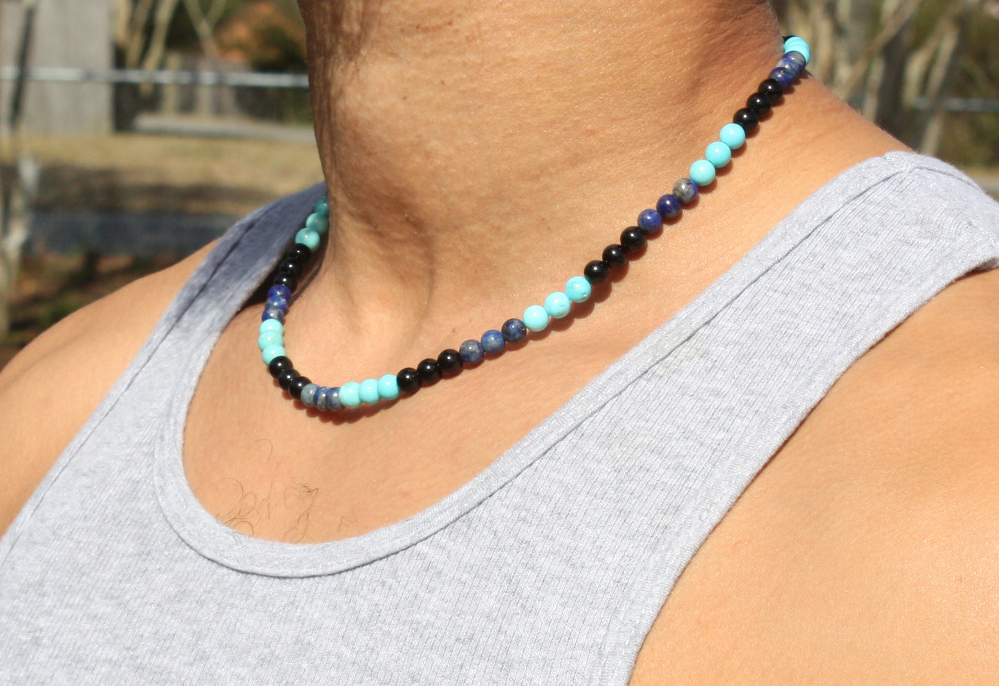 Amethyst, Black Onyx, Lapis Lazuli & Turquoise Necklace – Handmade Gemstone Beaded Jewelry for Men & Women | 6mm Beads, Healing & Protection