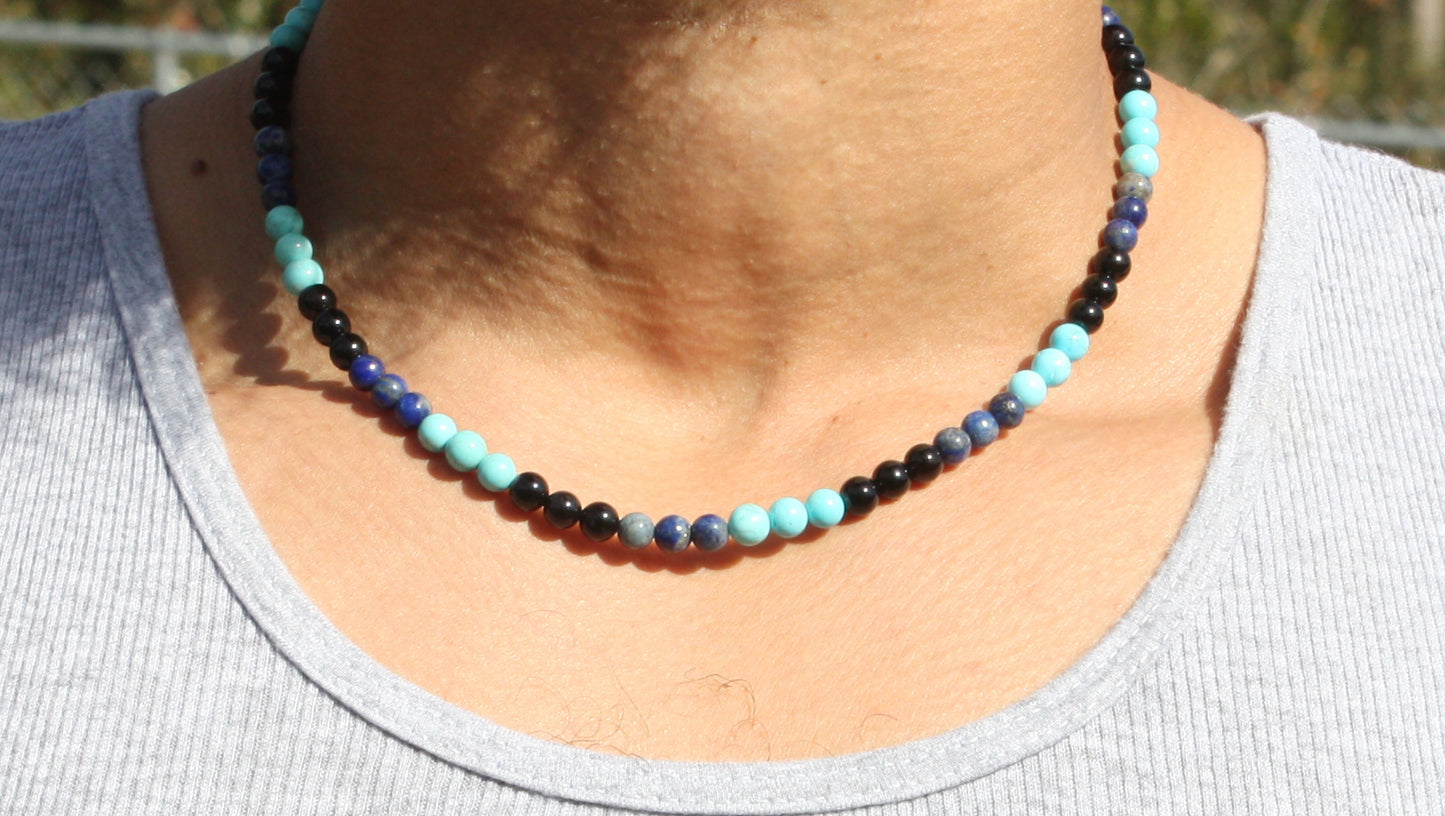 Amethyst, Black Onyx, Lapis Lazuli & Turquoise Necklace – Handmade Gemstone Beaded Jewelry for Men & Women | 6mm Beads, Healing & Protection