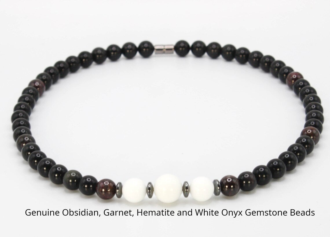 Powerful Quartet Gemstone Necklace โ Obsidian, Garnet, Hematite & White Onyx | Strength, Balance & Protection