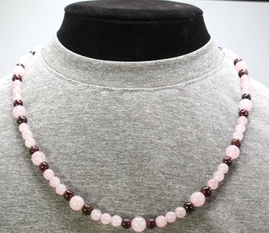 Genuine Rose Quartz, Morganite & Garnet Necklace | 6mm & 8mm Beads | Handmade Gemstone Jewelry for Peace, Love & Tranquility | Gift for Her