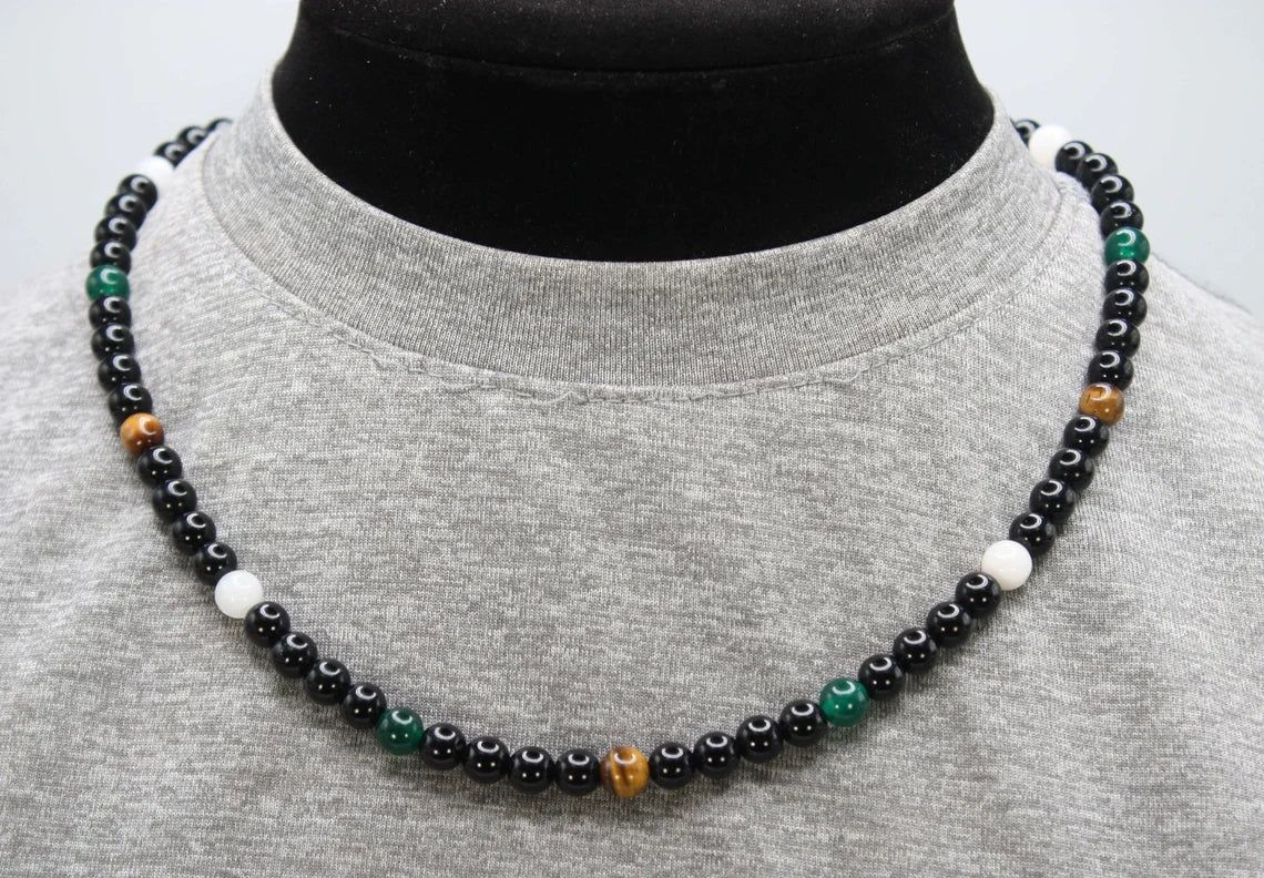Ultimate Empowerment Necklace: Black Onyx, Moonstone, Green Jade, Yellow Tiger Eye with Magnetic Clasp