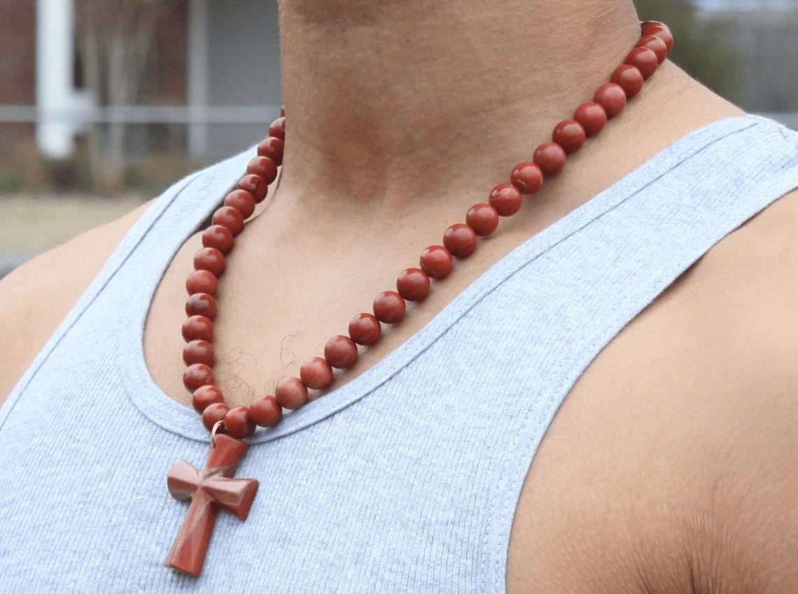Genuine Red Jasper Necklace with Cross Pendant – Spiritual & Religious Jewelry for Men & Women