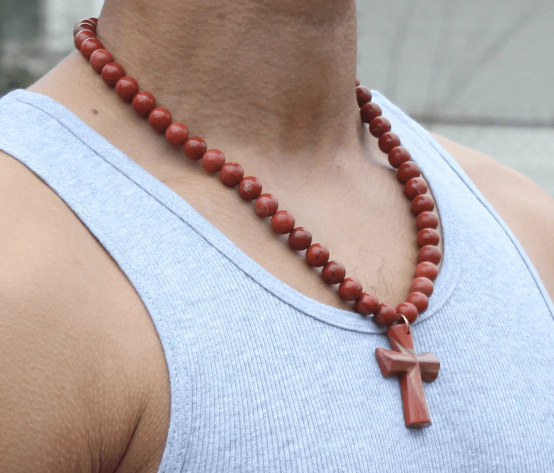 Genuine Red Jasper Necklace with Cross Pendant – Spiritual & Religious Jewelry for Men & Women
