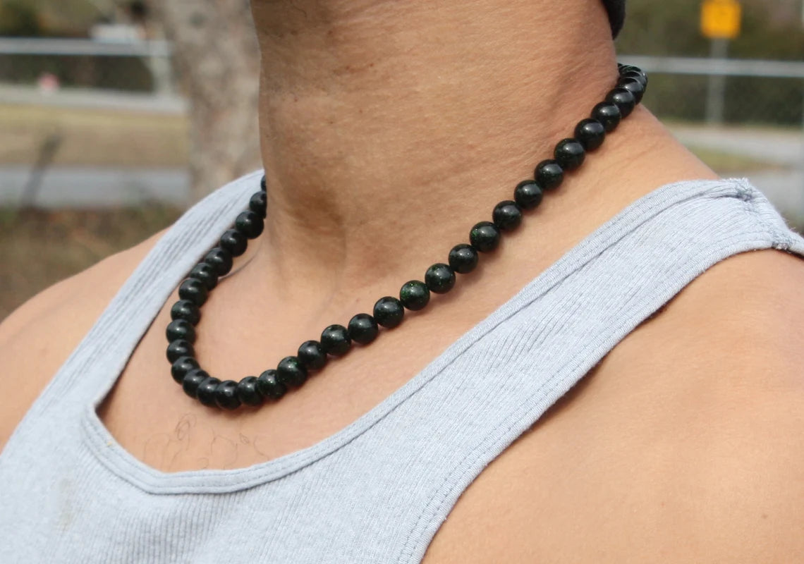Green Goldstone Necklace for Men/Women - Sandstone Jewelery - 10mm Beaded Necklace