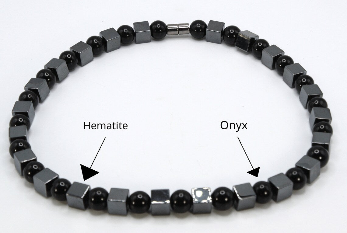 Hematite Cube and Black Onyx Sphere Necklace - Gifts for Men/Women - A Manifestation of Protection and Strength