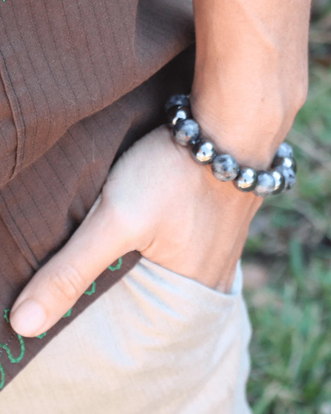 Hematite and Larvikite Bracelet - A Fusion of Grounding and Mystical Insight