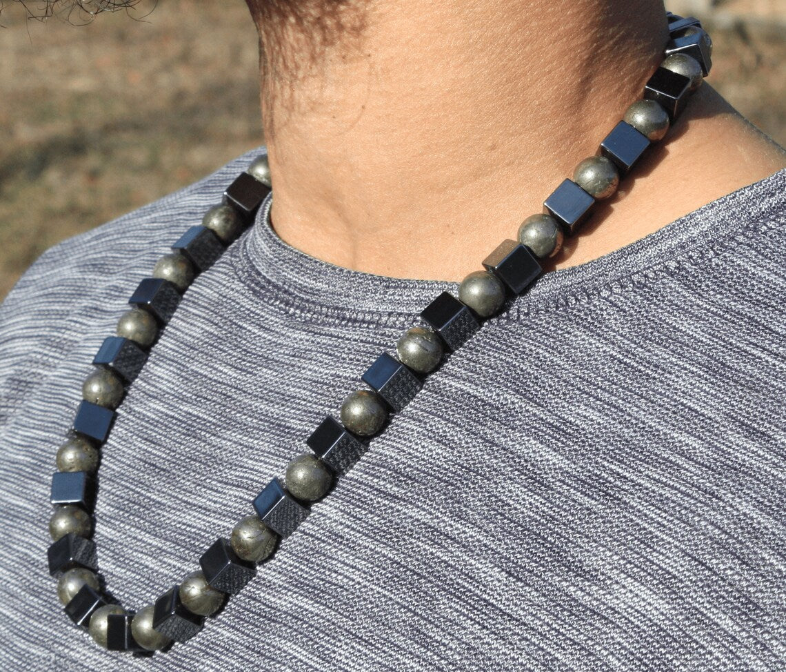 Hematite Cube & Pyrite Sphere Necklace β Healing Crystal Jewelry for Men & Women β Strength, Wealth & Protection
