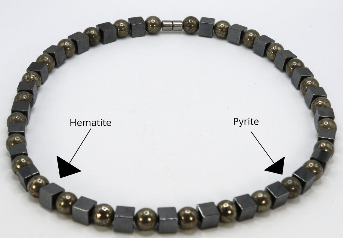 Hematite Cube & Pyrite Sphere Necklace β Healing Crystal Jewelry for Men & Women β Strength, Wealth & Protection