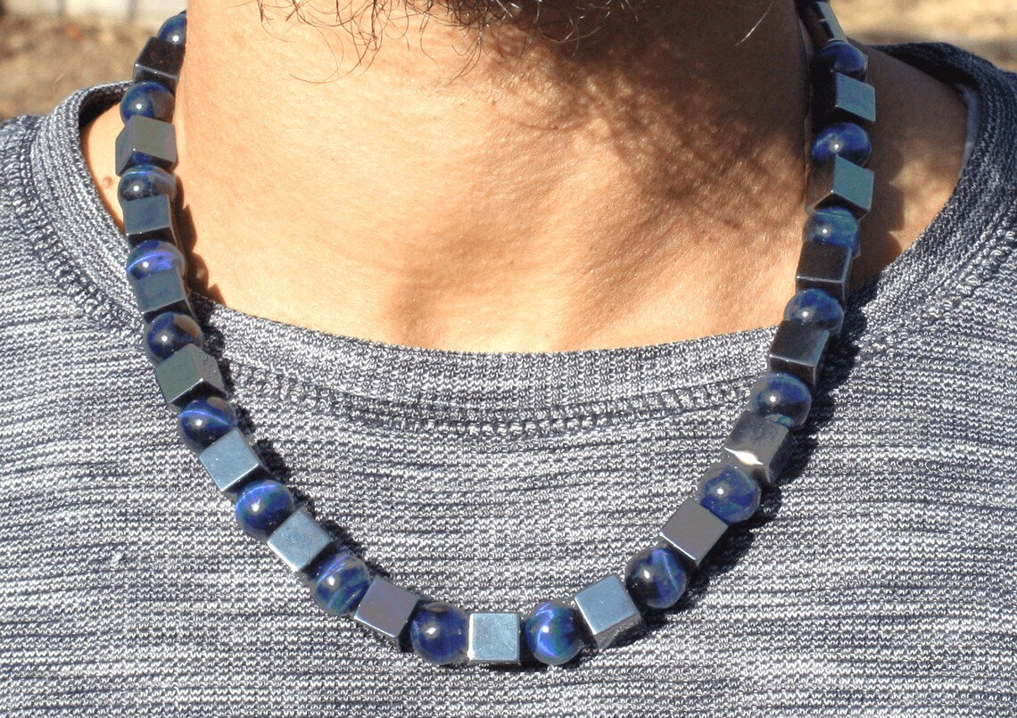 Hematite and Blue Tiger’s Eye Necklace – Handmade Gemstone Jewelry for Grounding, Insight & Protection