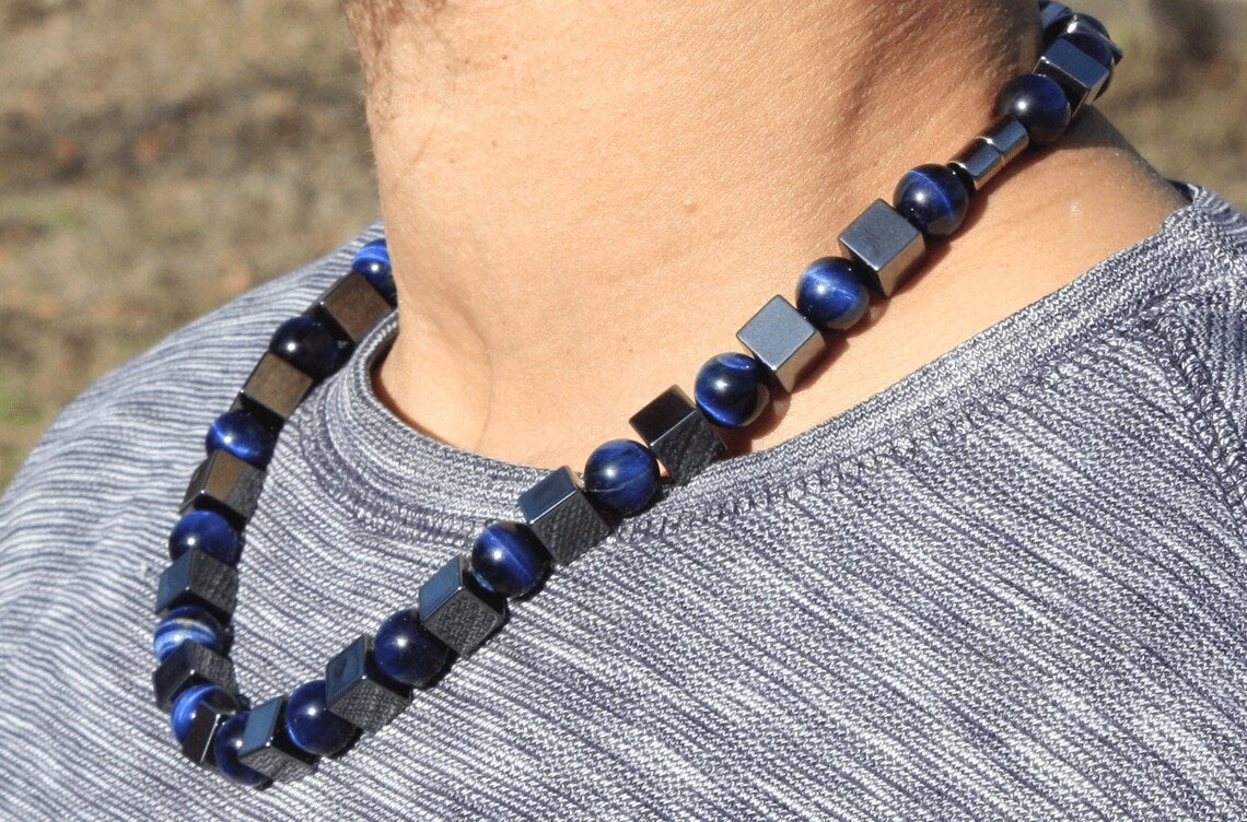 Hematite and Blue Tiger’s Eye Necklace – Handmade Gemstone Jewelry for Grounding, Insight & Protection
