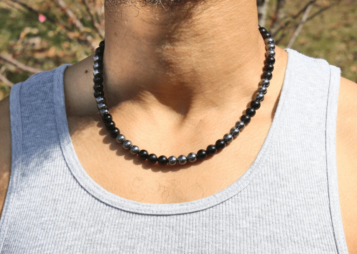 Hematite and Obsidian Necklace - Gemstone Jewelry for Men/Women - A Shield of Grounding and Protectio