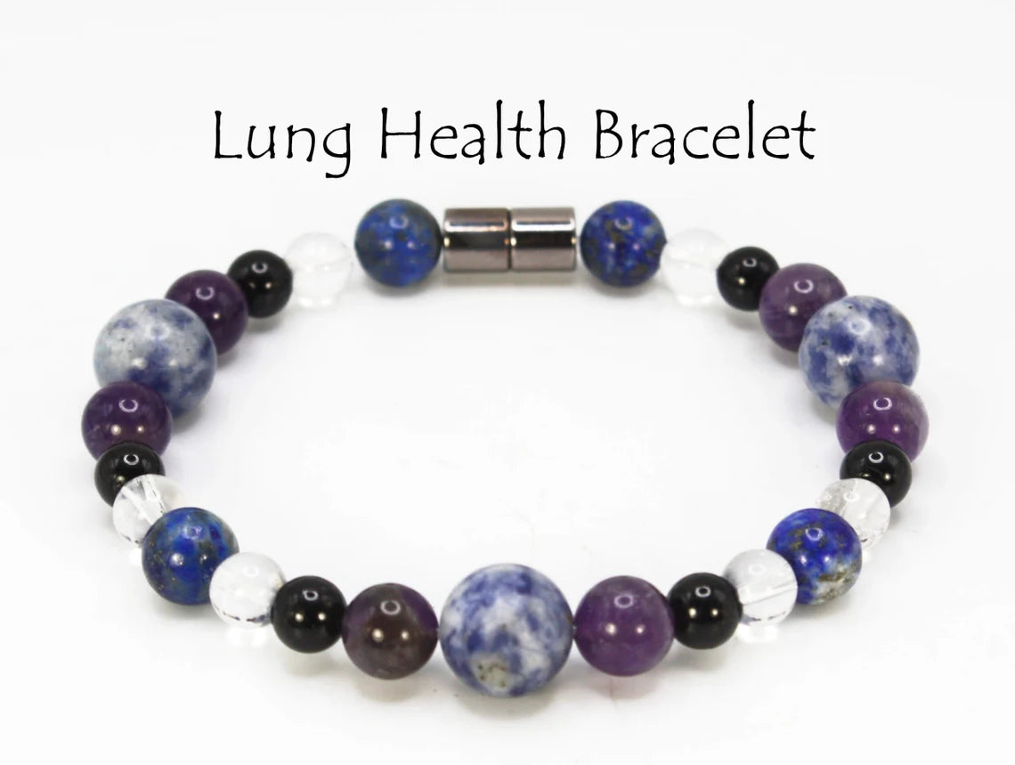 Lung Health Gemstone Jewlery for Men/Women Lapis Lazuli Sodalite Quartz Black Tourmaline Amethyst Crystal Bead Bracelet with Magnet Clasp