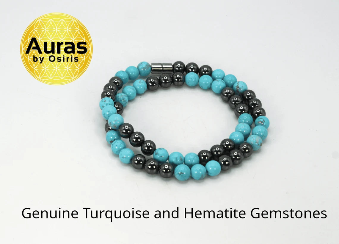 Turquoise and Hematite Necklace - Gemstone Jewelry for Men/Women - Harmony and Protection Embrace