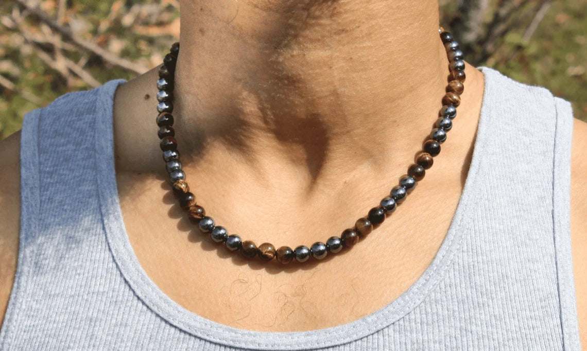 Yellow Tiger's Eye and Hematite Necklace - Gemstone Jewelry for Men/Women - Courage and Grounding Embrace