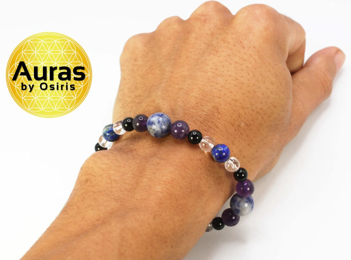 Lung Health Gemstone Jewlery for Men/Women Lapis Lazuli Sodalite Quartz Black Tourmaline Amethyst Crystal Bead Bracelet with Magnet Clasp