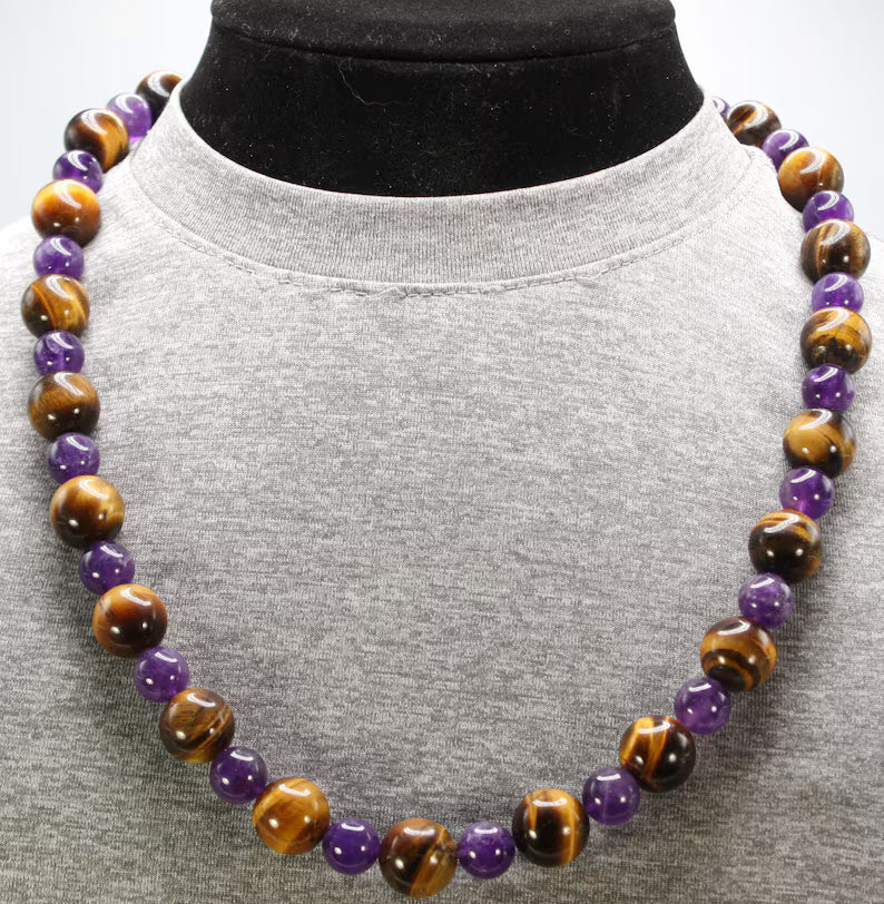 Genuine Tiger Eye and Amethyst Necklace - Gifts for Men/Women - 14mm and 10mm Beaded Necklace