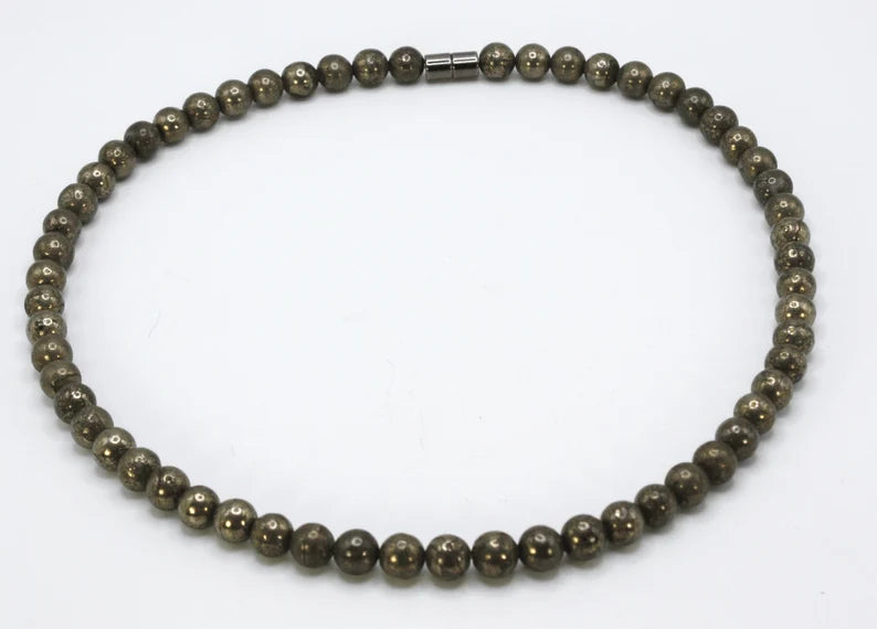 Genuine Pyrite Necklace - Gifts for Men/Women - 6mm/8mm Bead Diameter - Prosperity Jewelry - Protection Stone