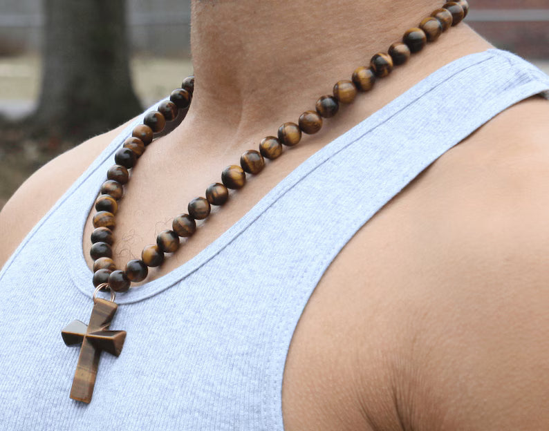 Cross Necklace for Men - Genuine Tigers Eye Neckless - Gift for Men/Woman - Spiritual Accessories - Religious Symbol