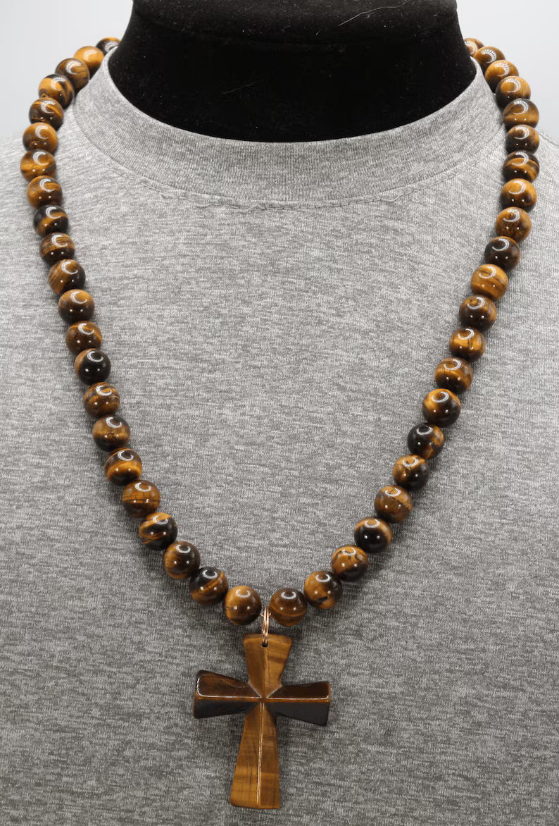 Cross Necklace for Men - Genuine Tigers Eye Neckless - Gift for Men/Woman - Spiritual Accessories - Religious Symbol
