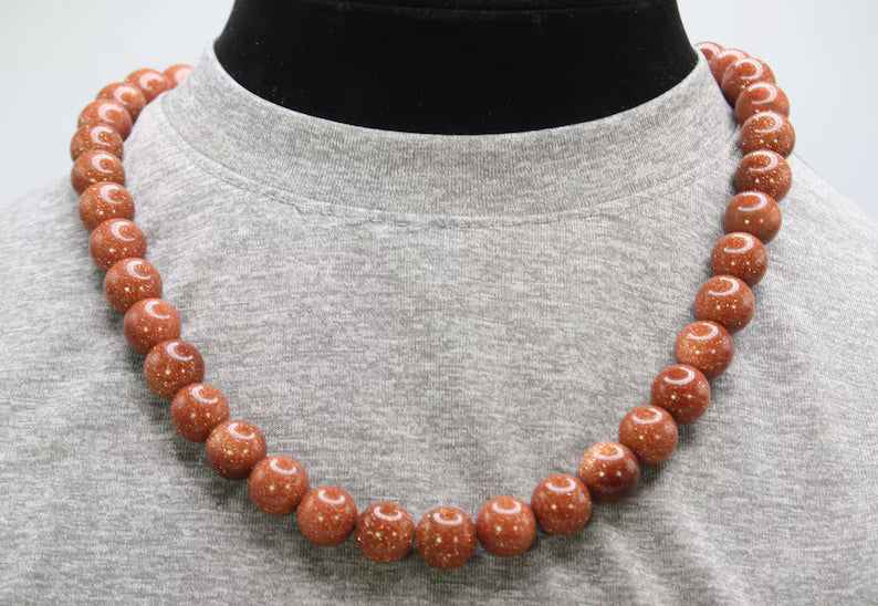 Goldstone Necklace for Men/Women - 12mm Beaded Necklace - Sandstone Jewelry