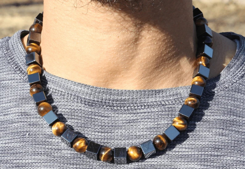 Hematite and Yellow Tiger’s Eye Necklace – 10mm Beaded Protection Jewelry | Gift for Men & Women