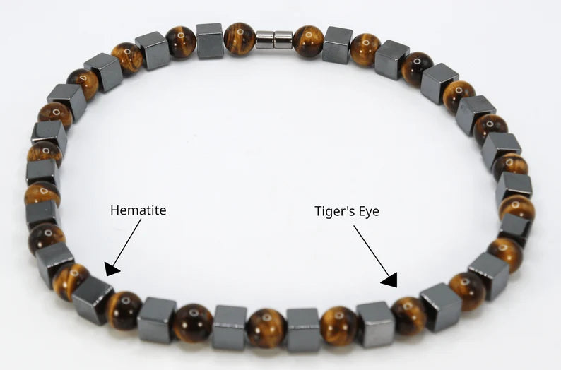 Hematite and Yellow Tiger’s Eye Necklace – 10mm Beaded Protection Jewelry | Gift for Men & Women