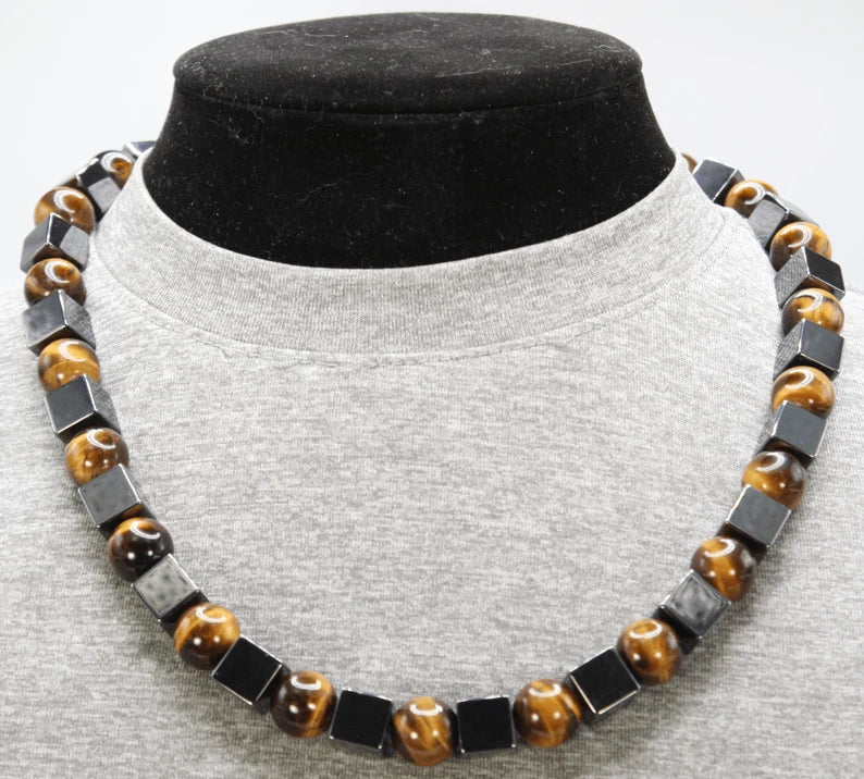 Hematite and Yellow Tiger’s Eye Necklace – 10mm Beaded Protection Jewelry | Gift for Men & Women