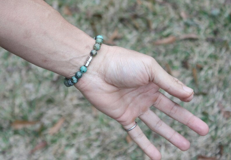 African Turquoise Bracelet - 8mm Gemstone Bead Jewelry for Men/Women - The Stone of Evolution and Renewal