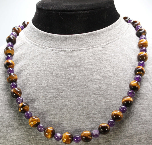 Tiger Eye & Amethyst Necklace – Genuine Healing Crystal Jewelry for Men & Women | Courage, Calm & Spiritual Balance (12mm & 8mm Beads)