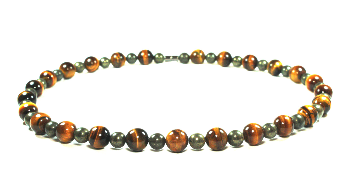 19 Inch Tiger Eye & Pyrite Necklace | 14mm AAA Yellow Tiger Eye & 10mm AAA Pyrite Crystal Beads | Healing Gemstone Jewelry