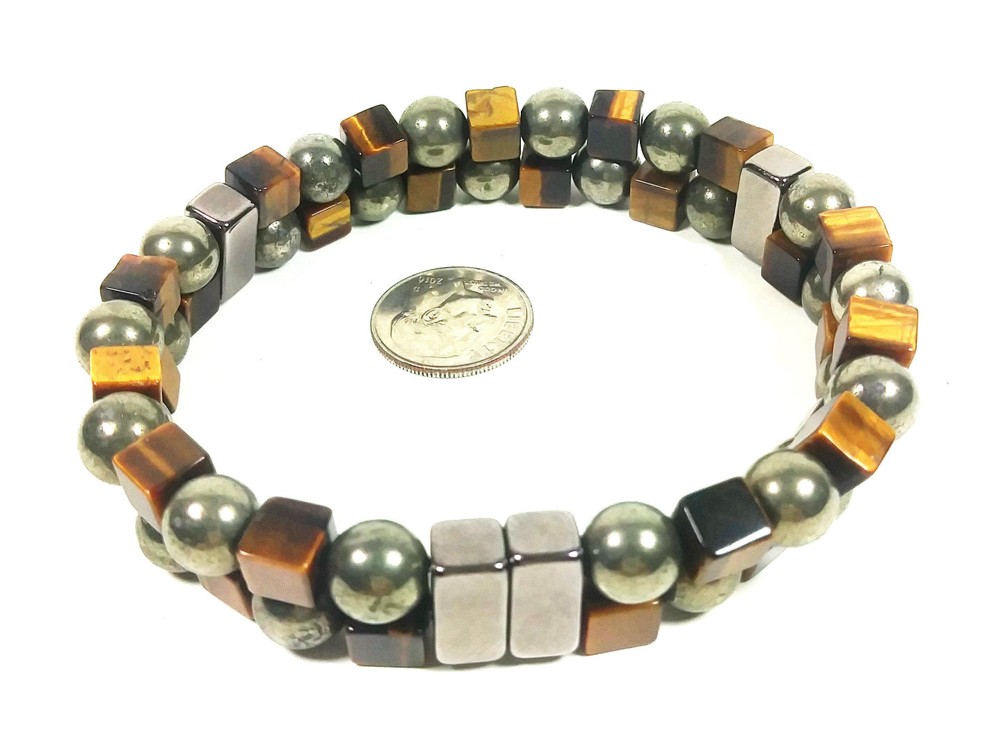 Pyrite & Tiger Eye 2 Row Bead Bracelet For Men And Women - Confidence - Protection -Super Strong Magnetic Clasp