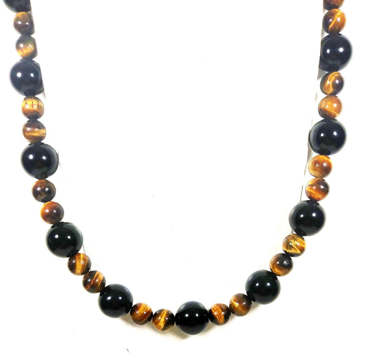 Onyx & Tiger Eye Necklace for Men – Protection Crystal Jewelry with Aura Shielding | 16mm Beaded Gemstone Necklace with Magnetic Clasp
