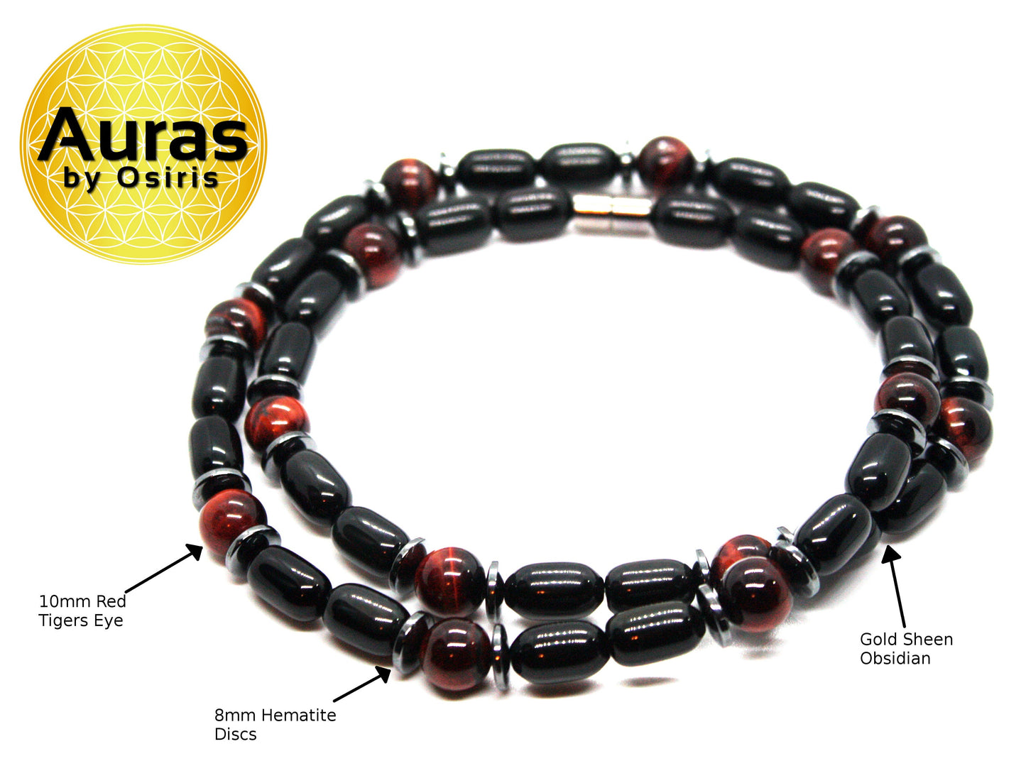 Obsidian Necklace For Men - Red Tiger Eye Beaded Necklace - Protection - Aura Shielding - World's Strongest Magnetic Clasp