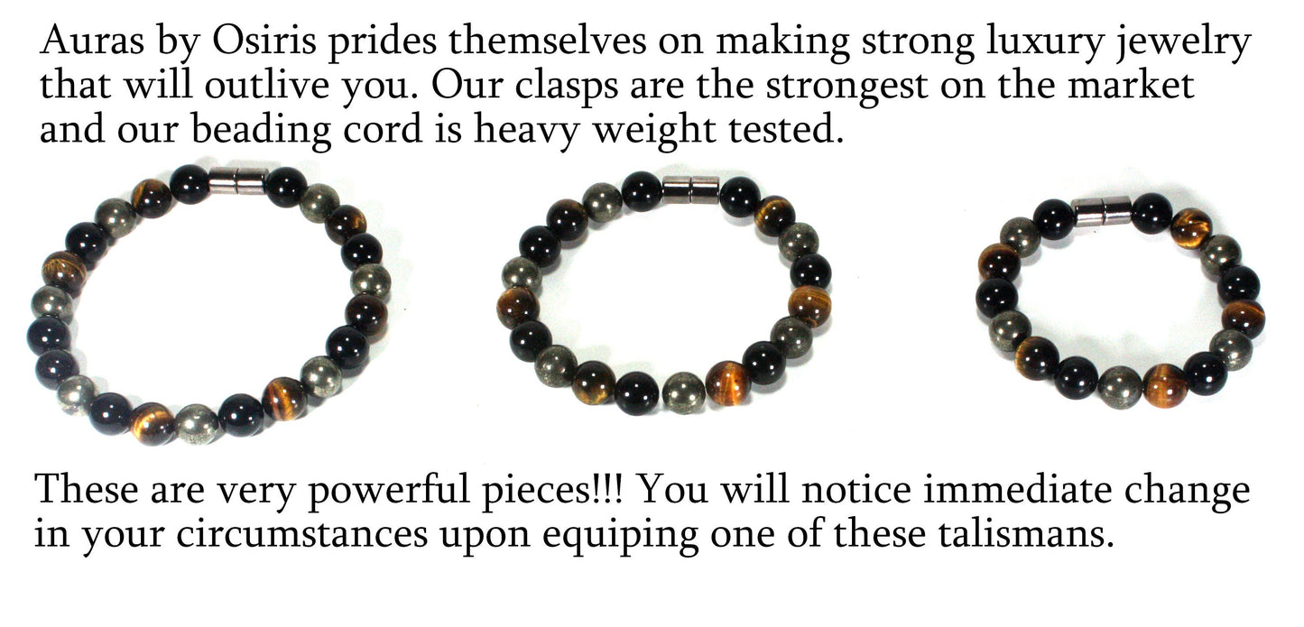 Auras by Osiris Triple Protection Bracelet (8mm) 💥💰 | Black Tourmaline, Tiger Eye & Pyrite for Wealth, Confidence & Shielding w/ Strong Magnetic Clasp (Unisex)