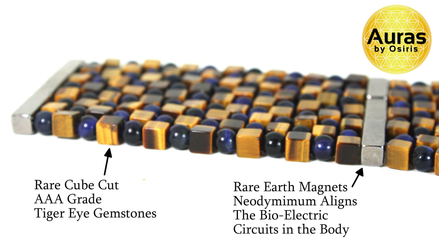 Auras by Osiris 9-Row Tiger Eye Tribal Warrior Bracelet π
 | Blue & Rare Cut Yellow Cubes | Neodymium Magnetic Energy Bracer