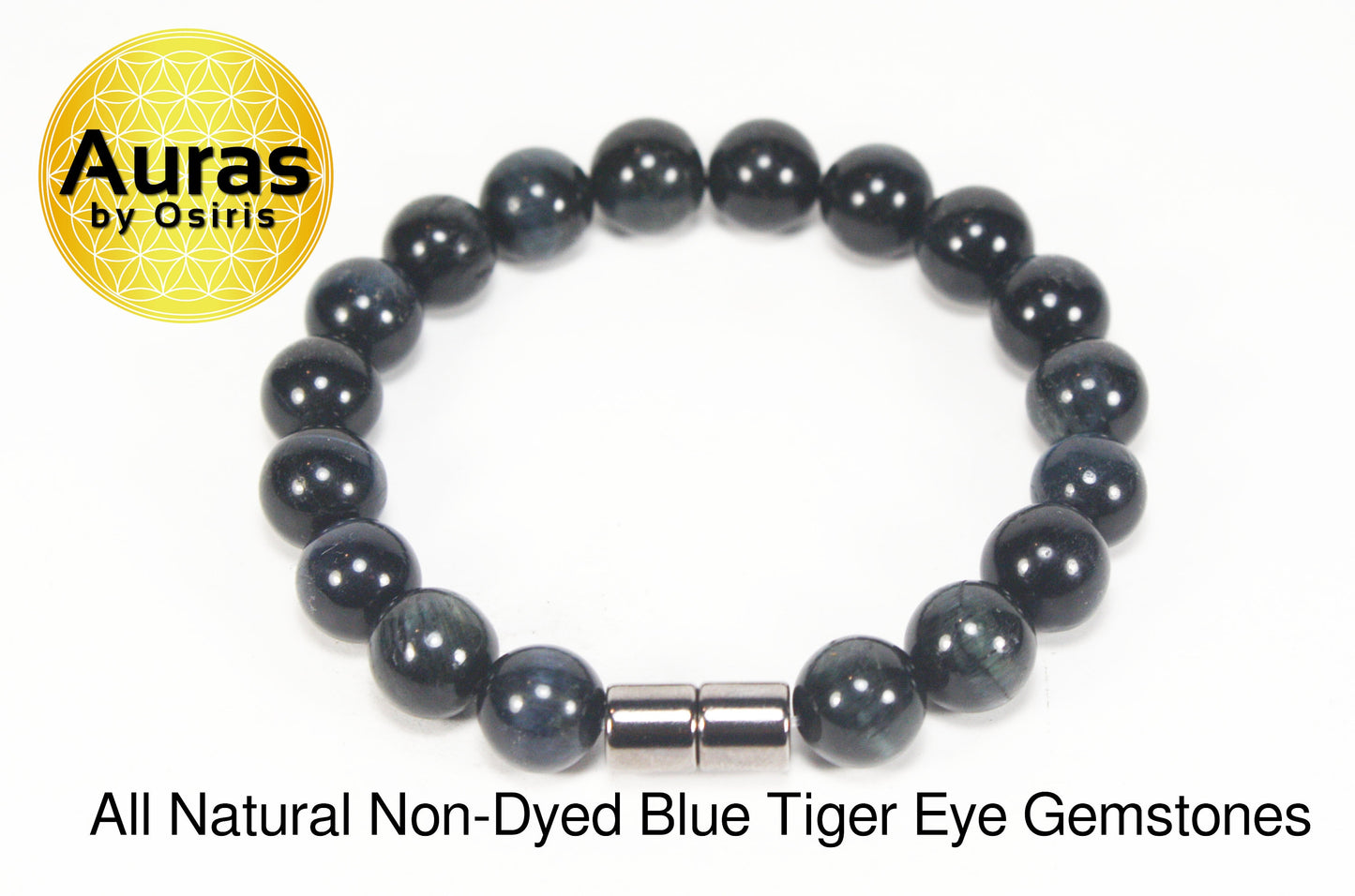 10mm Blue Tiger Eye Bracelet Non-Dyed Natural Blue Crystals 100lb test With Magnetic Clasp