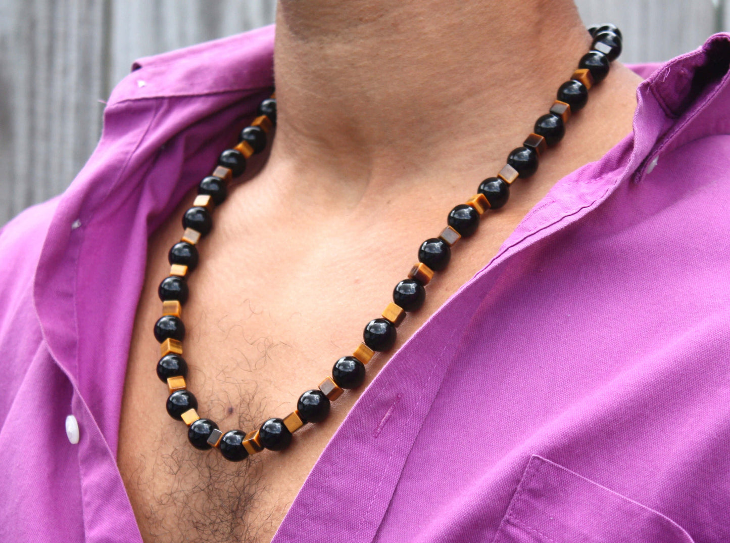 Auras by Osiris - Cube Tiger Eye and Onyx Beaded Necklace for Men and Women - Auric Shielding - Confidence - Good Luck - Handcrafted in USA