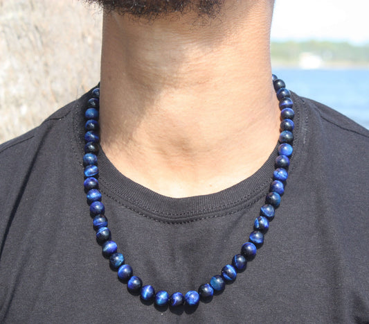 Blue Tiger Eye Necklace – African Tribal Beaded Necklace for Men & Women | Hawk’s Eye Crystal Protection Jewelry