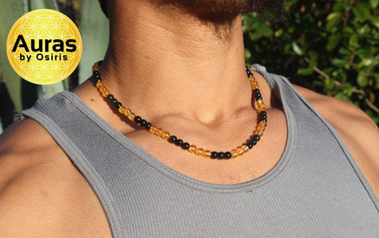 Black Obsidian & Citrine Necklace – Natural Gemstone Jewelry for Men & Women | Healing Crystal Talisman, Made in USA