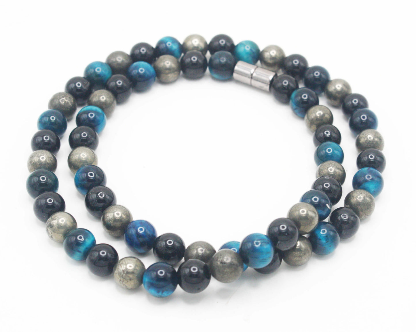 Auras by Osiris Triple Protection Necklace ⚡️ | 8mm Tourmaline, Blue Tiger Eye & Pyrite | EMF Shield & Neodymium Magnetic Clasp