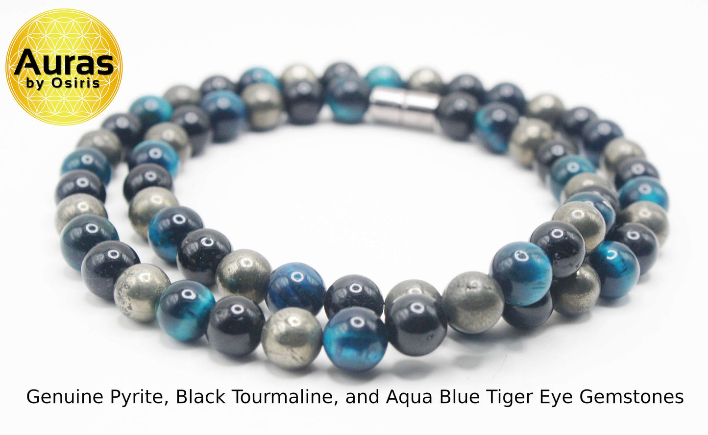 Auras by Osiris Triple Protection Necklace ⚡️ | 8mm Tourmaline, Blue Tiger Eye & Pyrite | EMF Shield & Neodymium Magnetic Clasp
