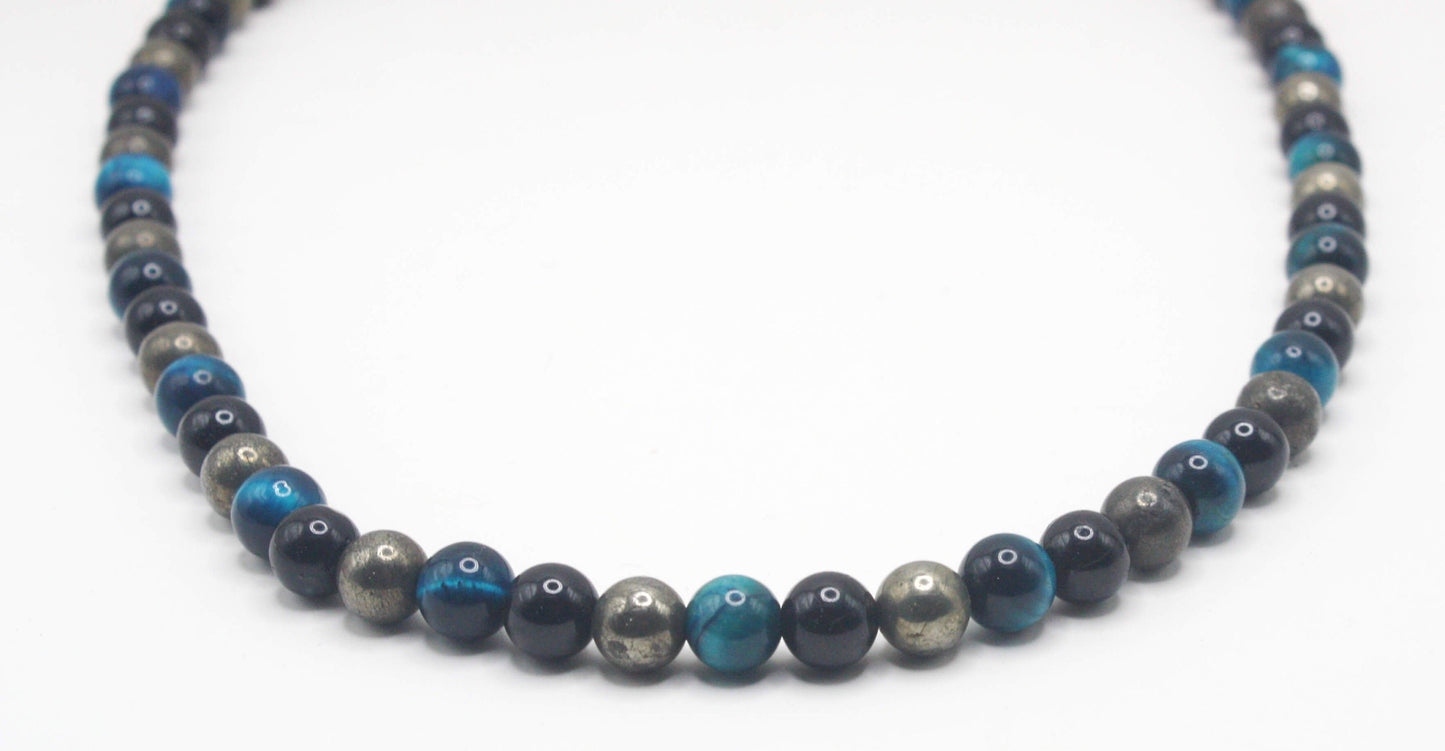 Auras by Osiris Triple Protection Necklace ⚡️ | 8mm Tourmaline, Blue Tiger Eye & Pyrite | EMF Shield & Neodymium Magnetic Clasp