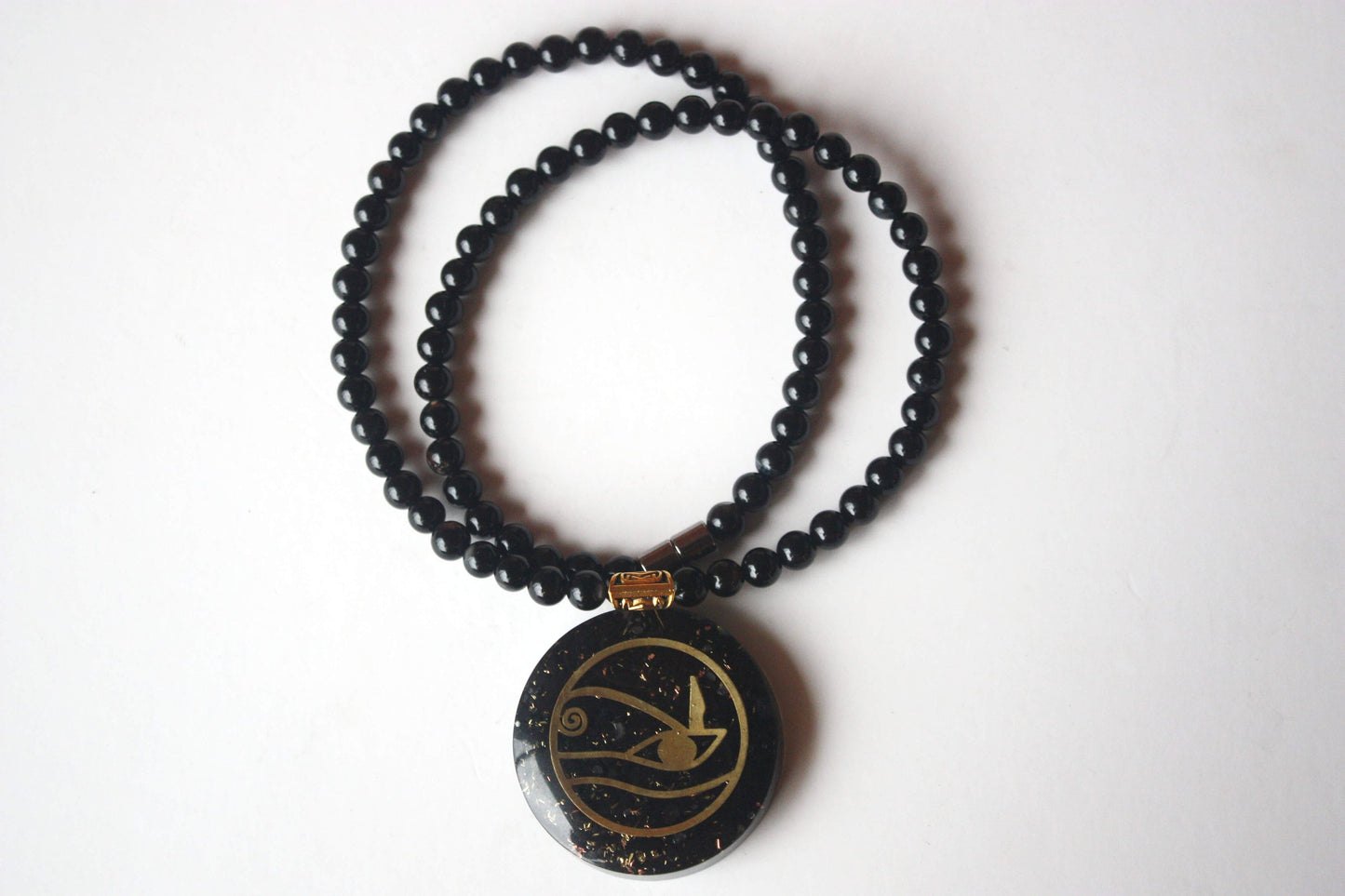 Black Tourmaline Eye of Horus Pendant Egyptian Jewelry Positive Field Generator on Genuine Black Onyx Necklace for Men/Women