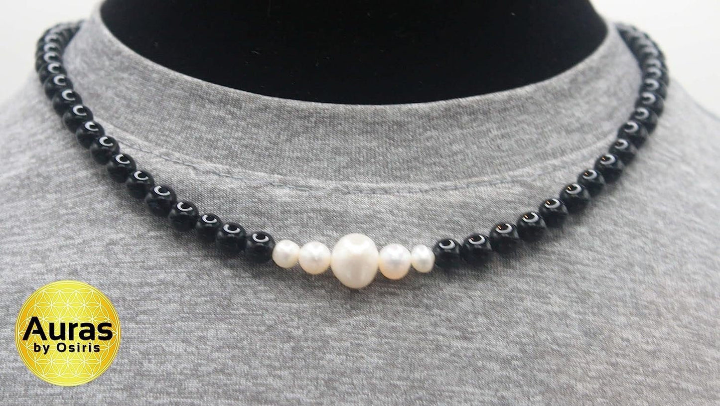 Onyx and Pearl Necklace for Men & Women – Genuine Freshwater Pearl Jewelry with Magnetic Easy-Lock Clasp | Handmade in USA